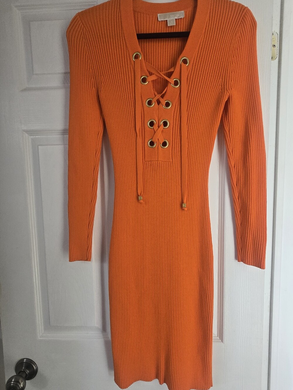 MICHAEL Michael Kors Lace-Up Ribbed Knit Dress - Orange, Size Small